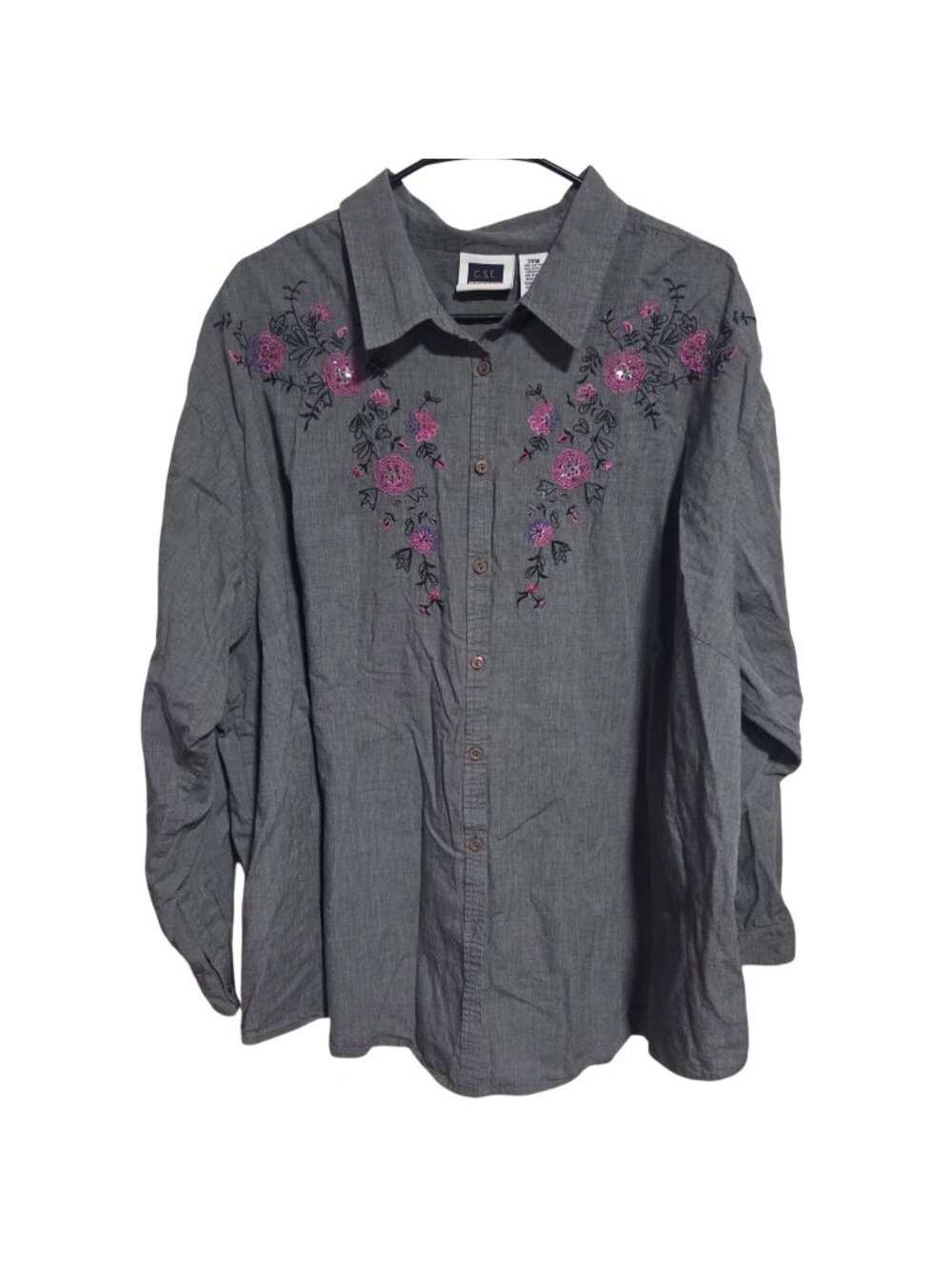 Vintage CST Sport Button Up Shirt Womens Plus Size 28W Embroidered Floral Gray